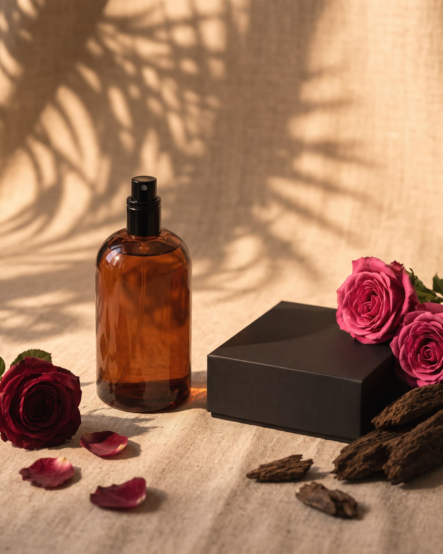 The No.2 gift set laid out on linen with roses
